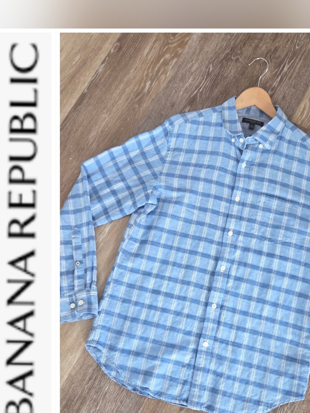 Banana Republic Blue Plaid Button-Down Shirt Linen Cotton Casual Collared Office